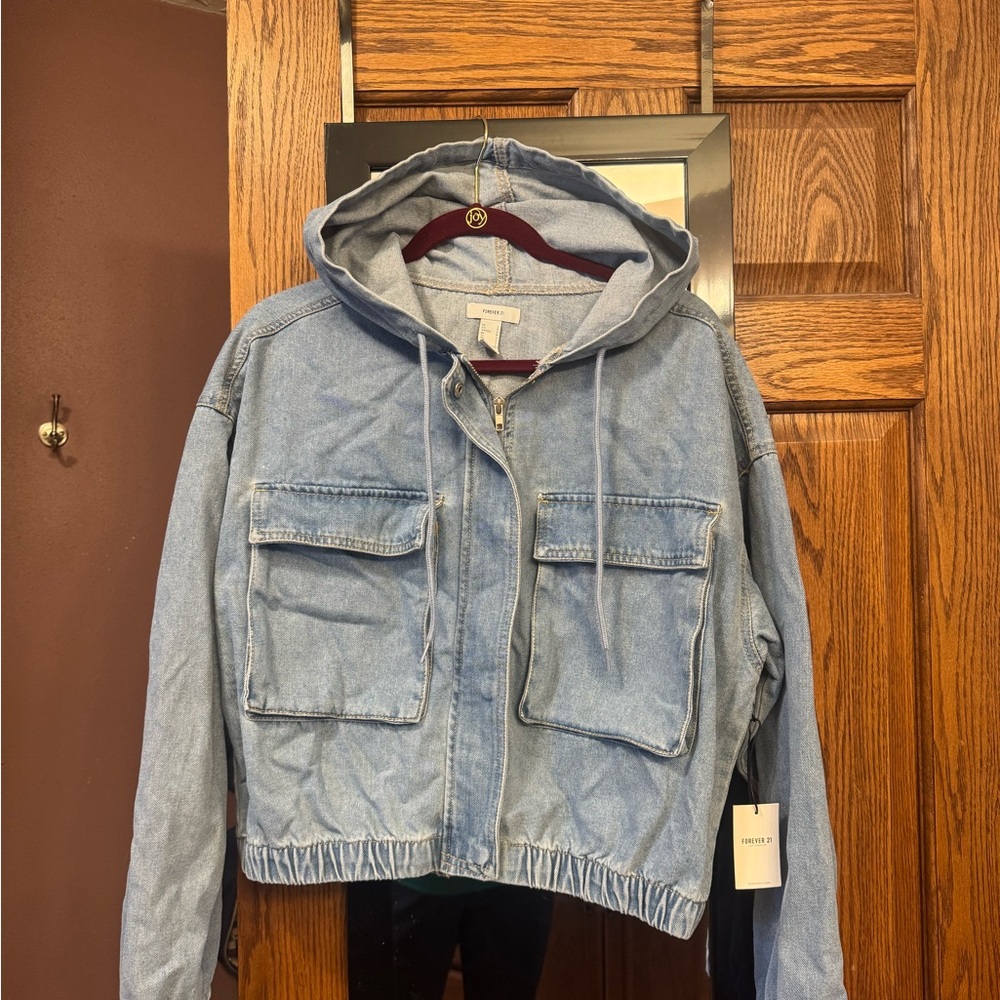 Forever 21 hooded denim bomber jacket